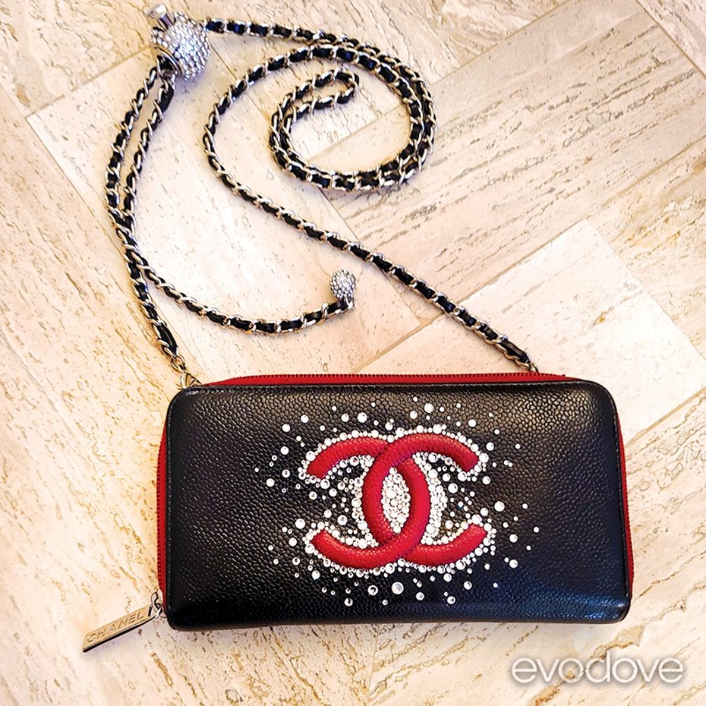 CHANEL Caviar Large Timeless CC Zip Around Wallet Red and Black WOC
